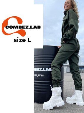 RARE! Combez.Lab CONFIDENT Khaki Utility Jumpsuit with Elastic Waist